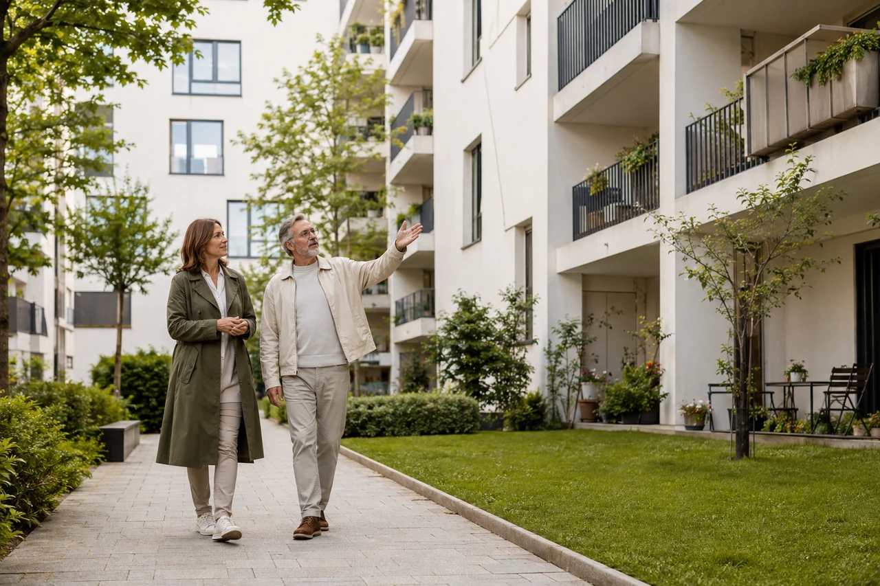 Symbolischer Immobilientermin im Innenhof eines österreichischen Mehrfamilienhauses.